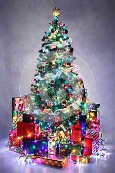 Decorated Christmas tree with colorful lights