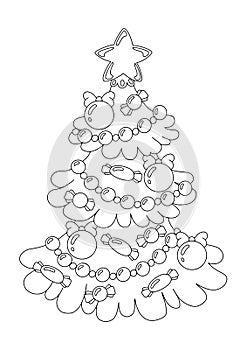 Decorated christmas tree. Coloring book page for kids. Cartoon style character. Vector illustration isolated on white background