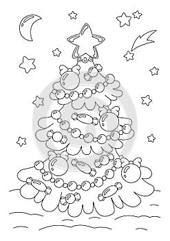 Decorated christmas tree. Coloring book page for kids. Cartoon style character. Vector illustration isolated on white background
