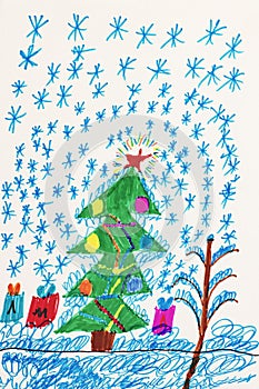 Decorated Christmas tree and falling snowflakes. Real drawing of a small child. Drawing by felt-tip pens.