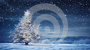 Decorated Christmas tree with garland lights in winter night forest fantasy landscape background. Happy New Year, Marry