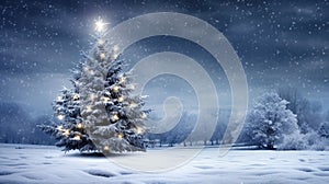 Decorated Christmas tree with garland lights in winter night forest fantasy landscape background. Happy New Year, Marry