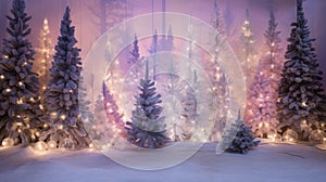 Decorated Christmas tree with garland lights in winter night forest fantasy landscape background. Happy New Year, Marry