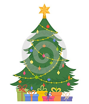 Decorated christmas tree with gift boxes, decoration and lights. Merry Christmas and a Happy New Year design for greeting cards.