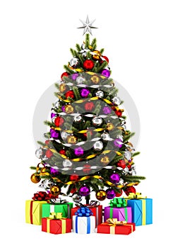 Decorated christmas tree with gift boxes isolated on white