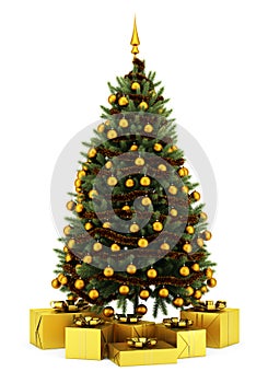 Decorated christmas tree with gift boxes on white