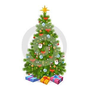 Decorated Christmas tree with gift boxes on white background in cartoon style