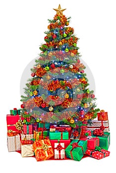 Decorated Christmas tree with gifts isolated