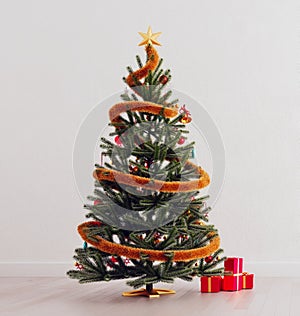 Decorated Christmas tree with gifts, mock-up, gift card template