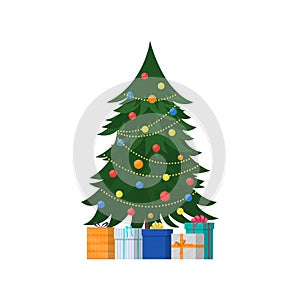 Decorated Christmas tree and gifts on a white background.
