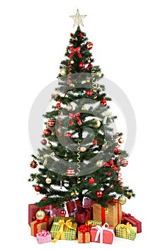 Decorated christmas tree with gifts on white background