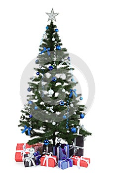 Decorated christmas tree with gifts on white background