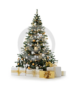 Decorated Christmas tree with golden patchwork ornament artificial gold balls and big gift presents for new year