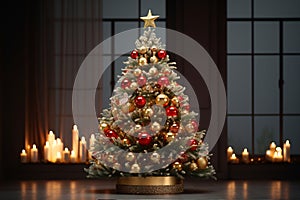 Decorated Christmas tree with golden patchwork ornament artificial gold balls and big gift presents for new year