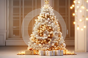 Decorated Christmas tree with golden patchwork ornament artificial gold balls and big gift presents for new year