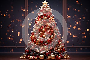 Decorated Christmas tree with golden patchwork ornament artificial gold balls and big gift presents for new year