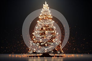 Decorated Christmas tree with golden patchwork ornament artificial gold balls and big gift presents for new year