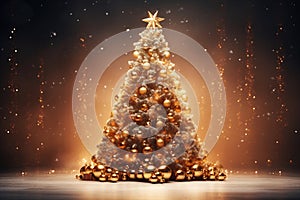 Decorated Christmas tree with golden patchwork ornament artificial gold balls and big gift presents for new year