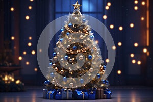 Decorated Christmas tree with golden patchwork ornament artificial gold balls and big gift presents for new year