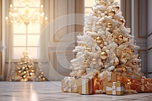 Decorated Christmas tree with golden patchwork ornament artificial gold balls and big gift presents for new year. Big