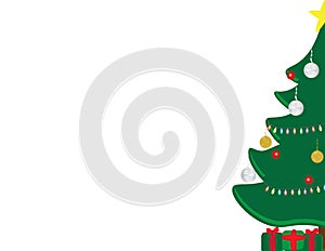 Decorated Christmas tree and Green and Red gifts on white background