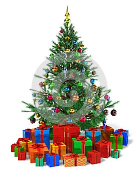 Decorated Christmas tree with heap of gift boxes