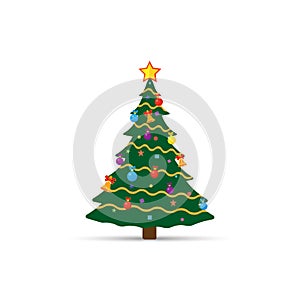 Decorated Christmas tree isolated on white background.