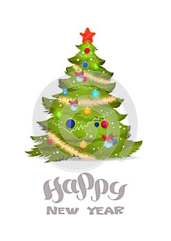 Decorated Christmas Tree Isolated On White Background Happy New Year Lettering Holiday Greeting Card