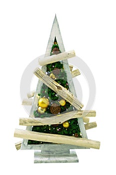 Decorated Christmas tree made of wooden boards.  isolate