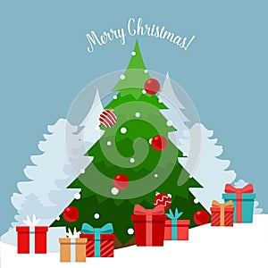 Decorated Christmas tree. Merry Christmas and Happy New Year background. Vector illustration