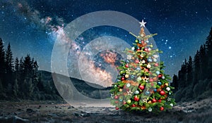 Decorated Christmas tree in nature under the starry night sky photo