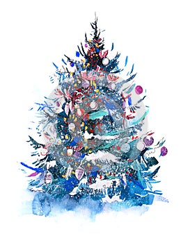 Decorated christmas tree New year Watercolor illustration