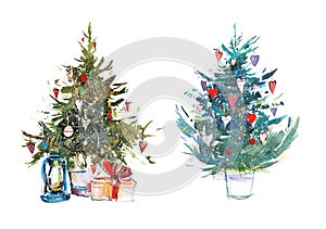 Decorated christmas tree New year Watercolor illustration Water color drawing