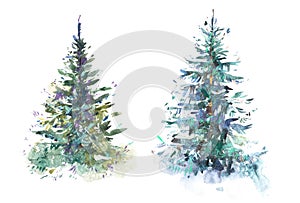 Decorated christmas tree New year Watercolor illustration Water color drawing