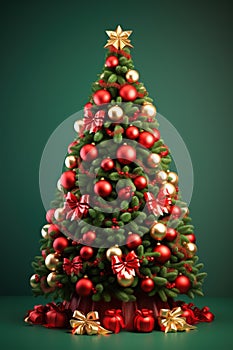 Decorated christmas tree with presents on green background. Seasons greetings