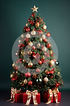 Decorated christmas tree with presents on green background. Seasons greetings