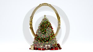 Decorated Christmas tree with presents isolated on white background, new year concept