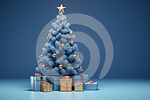 Decorated Christmas tree with presents for New Year on blue background. Merry Xmas gift box under fir tree decoration with golden