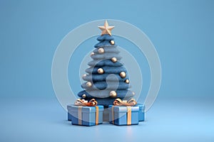 Decorated Christmas tree with presents for New Year on blue background. Merry Xmas gift box under fir tree decoration with golden