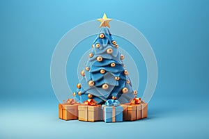 Decorated Christmas tree with presents for New Year on blue background. Merry Xmas gift box under fir tree decoration with golden