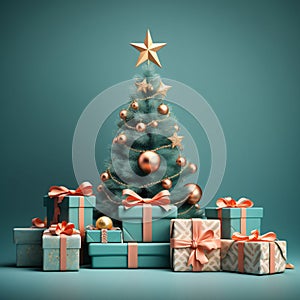 Decorated Christmas tree with presents for New Year on green background. Merry Xmas gift box under fir tree decoration with golden