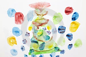 Decorated Christmas tree. Real drawing of a small child. Drawing by watercolor. photo