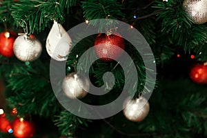 decorated christmas tree with red and silver balls ornaments close up at home for holiday season on background of colorful lights