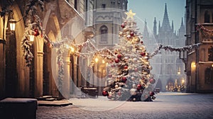 Decorated Christmas tree in the street of an old town at night. Street lights and beautiful architecture