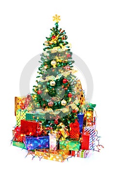 Decorated Christmas tree surrounded by colorful presents. Isolated on white.