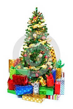 Decorated Christmas tree surrounded by colorful presents