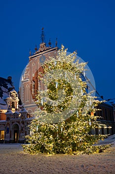 Decorated Christmas tree in the Town Hall Square, the House of the Blackheads on background. Old Riga, Latvia