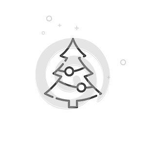 Decorated Christmas Tree Vector Line Icon, Symbol, Pictogram, Sign. Light Abstract Geometric Background. Editable Stroke