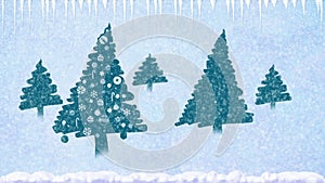 Decorated Christmas trees in the snow with snowflakes falling and icicles