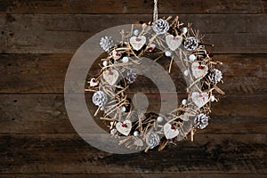 Decorated Christmas Wreath White Birch Hearts and Pine Cones Ol